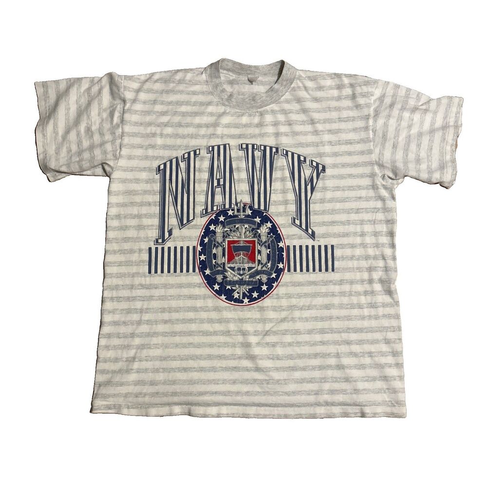 Vintage 90s US Navy Crest Striped T-Shirt Gray White Large Single Stitch